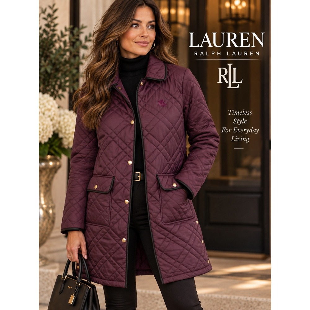 Lauren Ralph Lauren Burgundy Quilted Barn Jacket Faux Leather Trim XS Coat